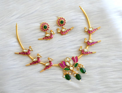 Gold tone pink-green lotus peacock enamel necklace set dj-43359