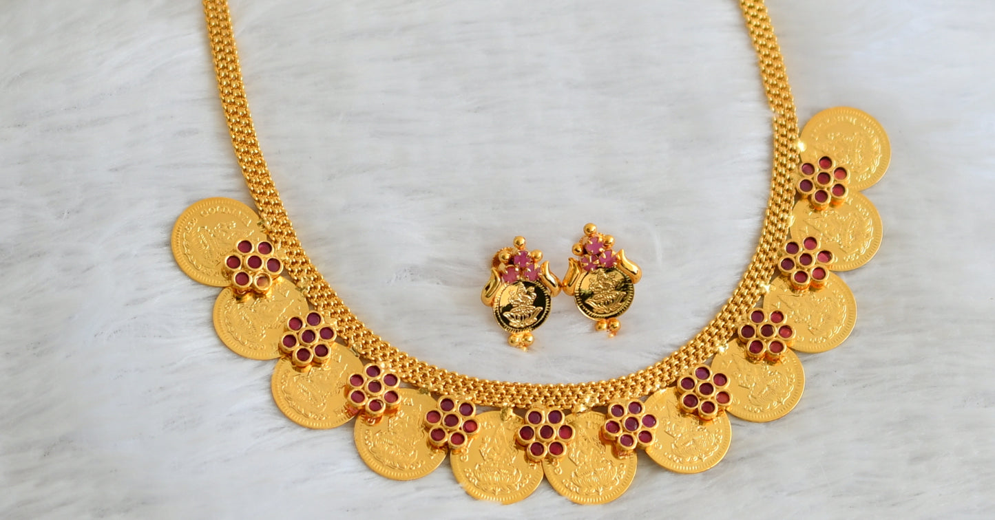 Gold tone ruby stone lakshmi coin flower necklace set dj-50281