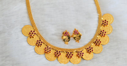 Gold tone ruby stone lakshmi coin flower necklace set dj-50281