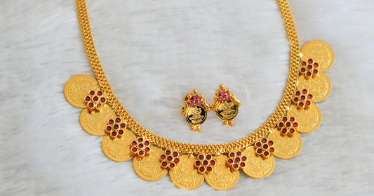 Gold tone ruby stone lakshmi coin flower necklace set dj-50281