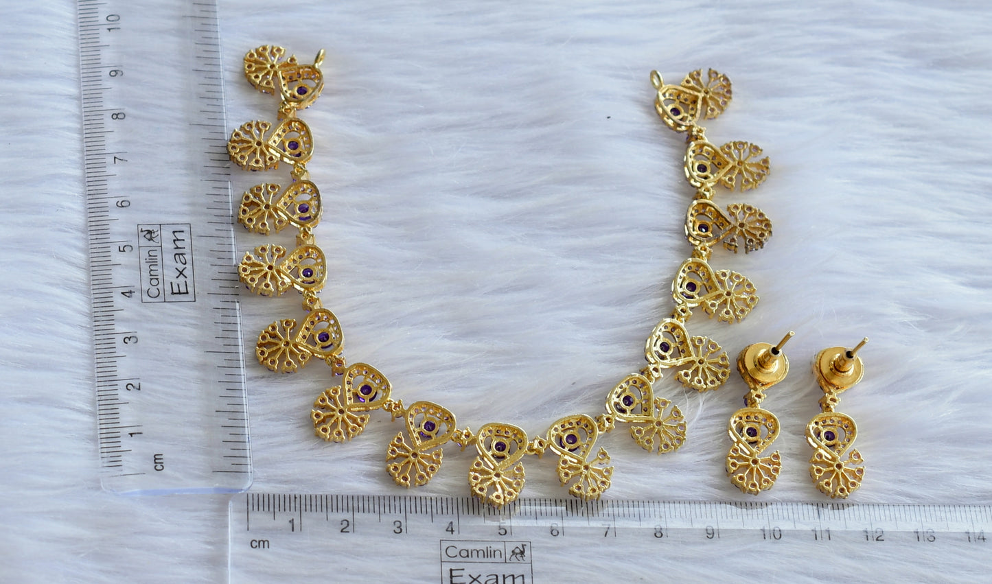 Gold tone ad purple stone necklace set dj-44882