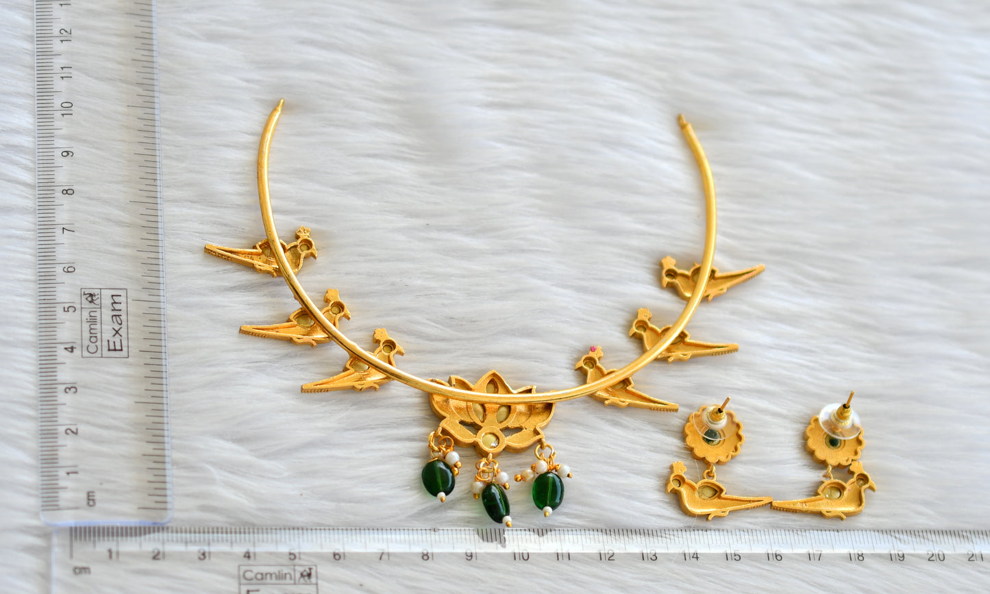 Gold tone pink-green lotus peacock enamel necklace set dj-43359