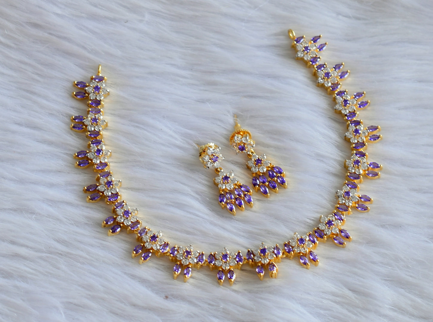 Gold tone ad purple-white stone flower necklace set dj-44879