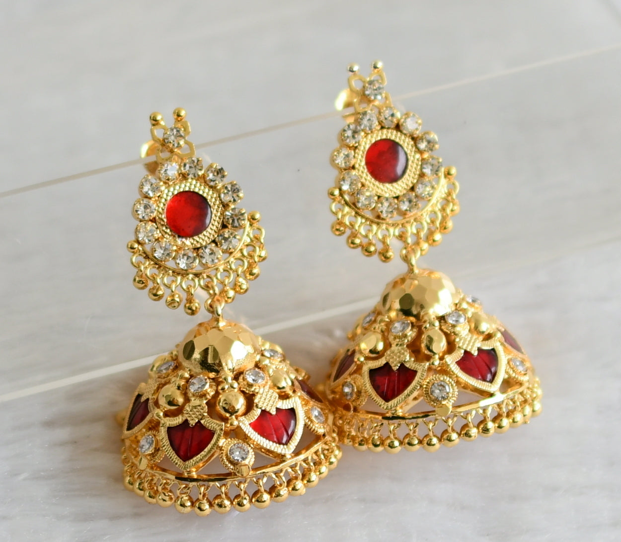 Gold tone kerala style red-white palakka big  jhumkka dj-48304