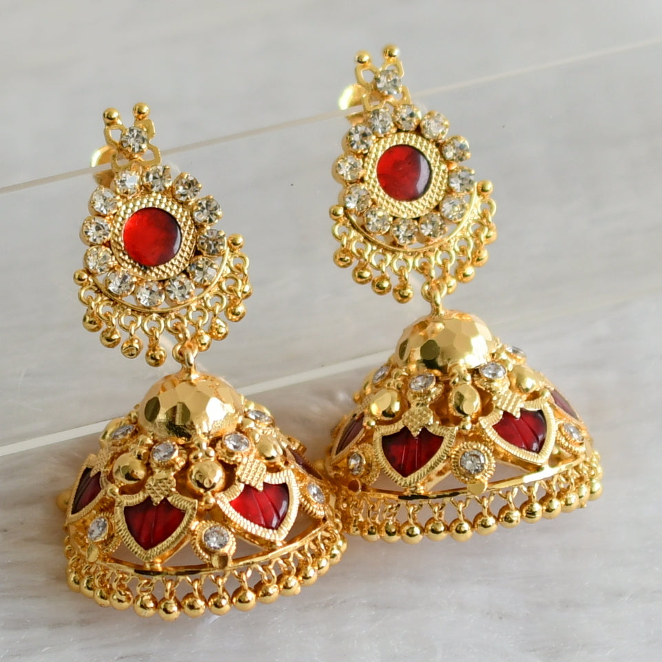 Gold tone kerala style red-white palakka big  jhumkka dj-48304