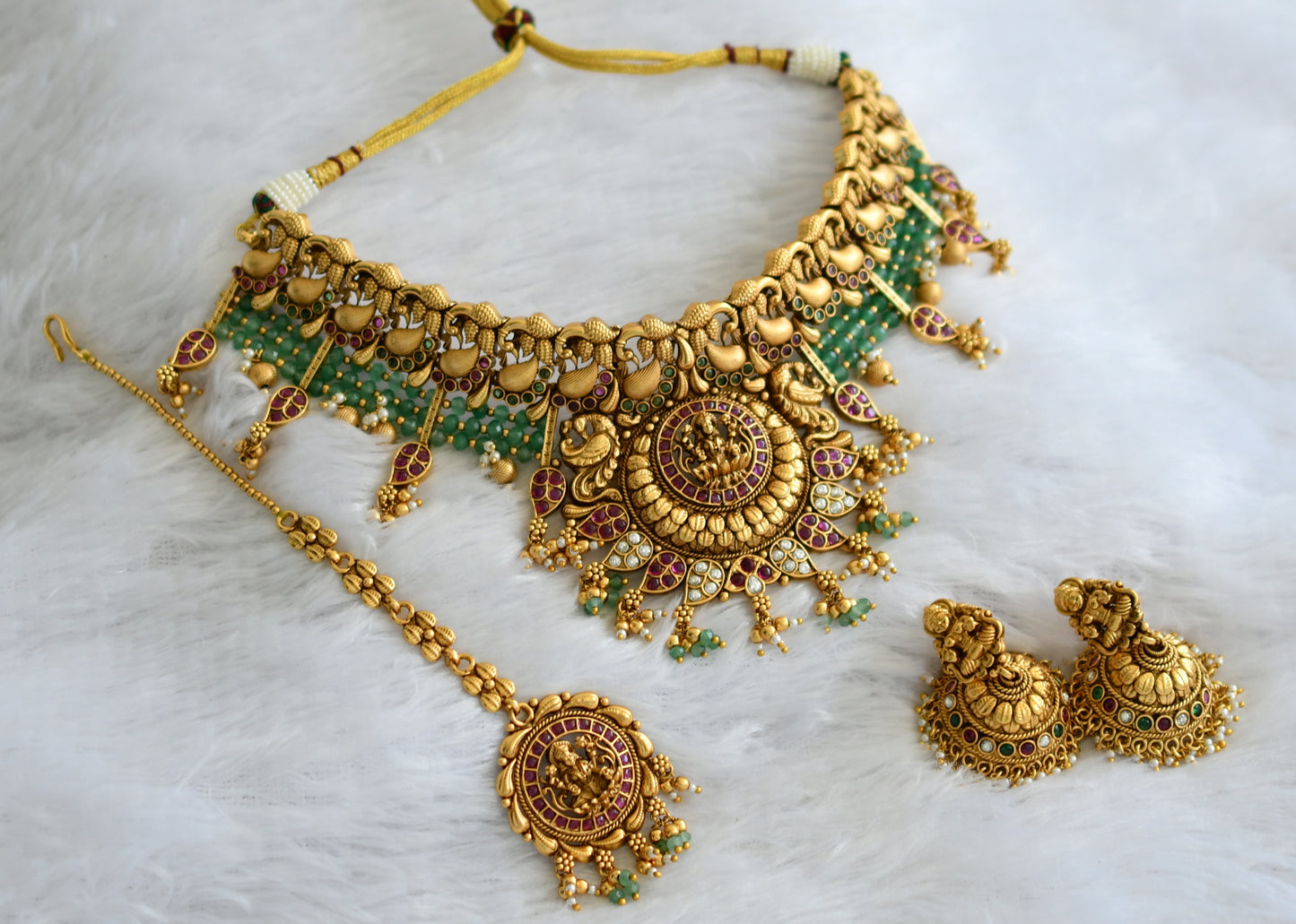 Matte finish kemp-green-white sea green beaded lakshmi peacock mango semi bridal set dj-46643