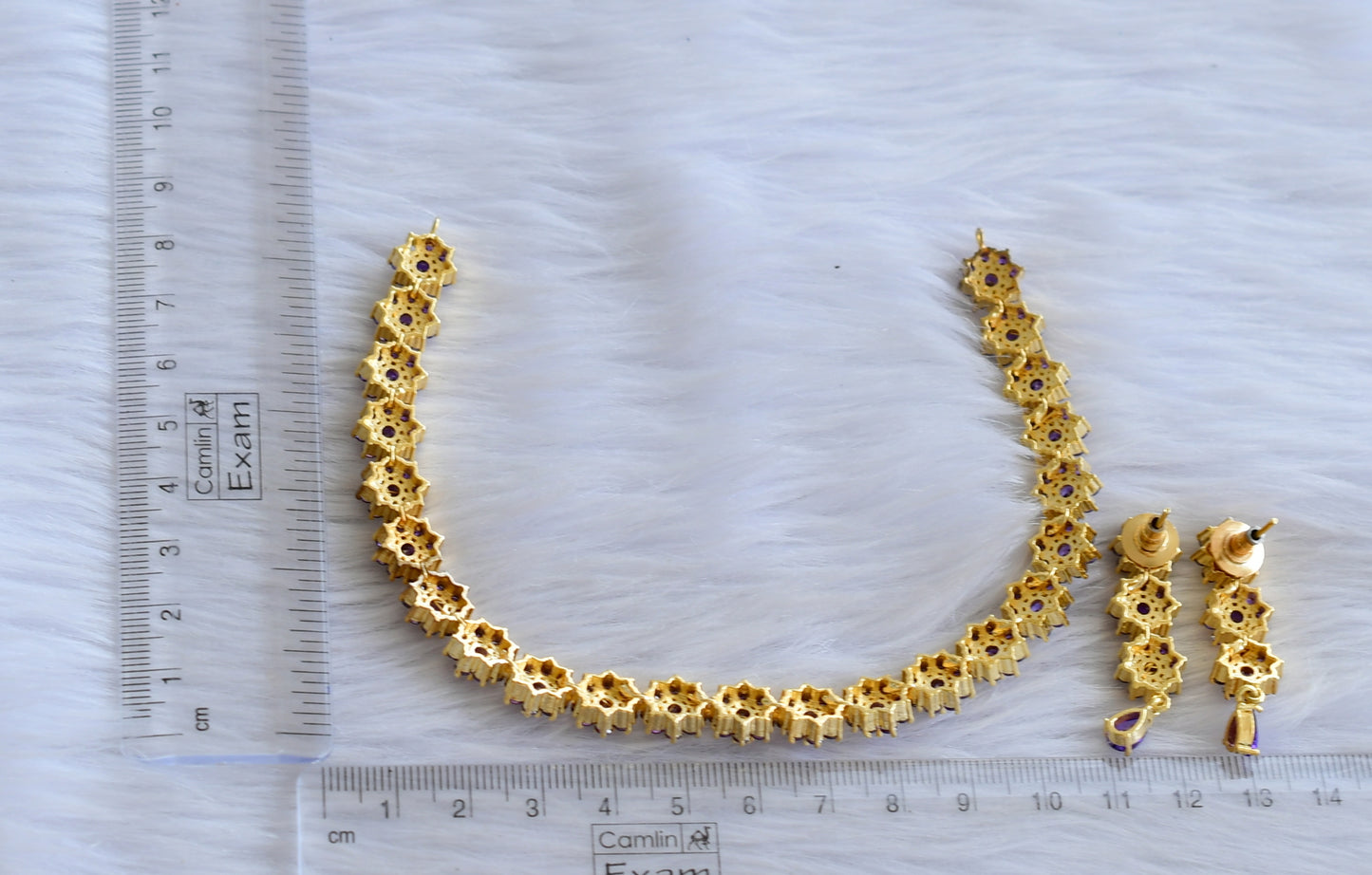 Gold tone ad purple stone flower necklace set dj-44880