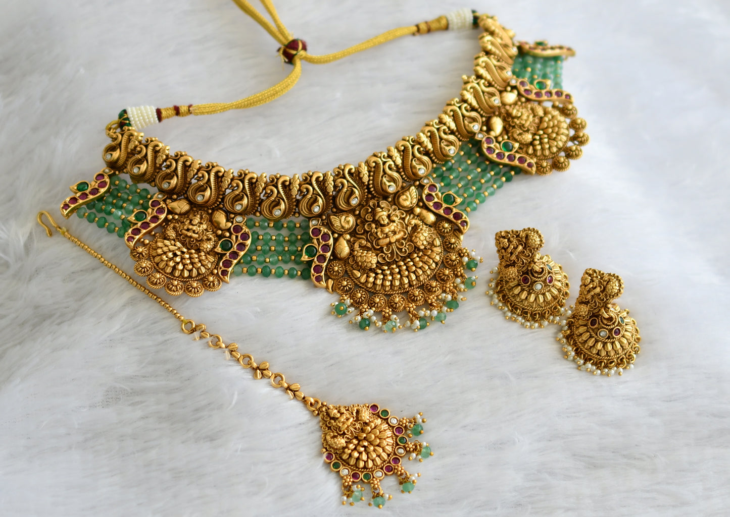 Matte finish kemp-green-white sea green beaded lakshmi peacock semi bridal set dj-46644