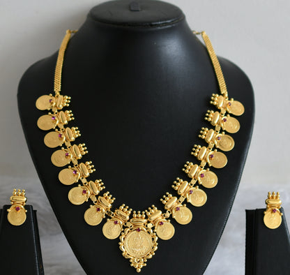 Gold tone pink lakshmi coin kerala style necklace set dj-48317