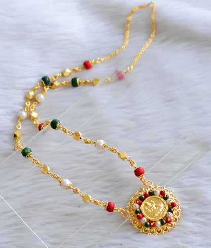 Gold tone 30 inches coral-pearl-green beaded chain with  lakshmi round  pendant dj-44891