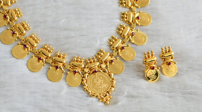 Gold tone pink lakshmi coin kerala style necklace set dj-48317