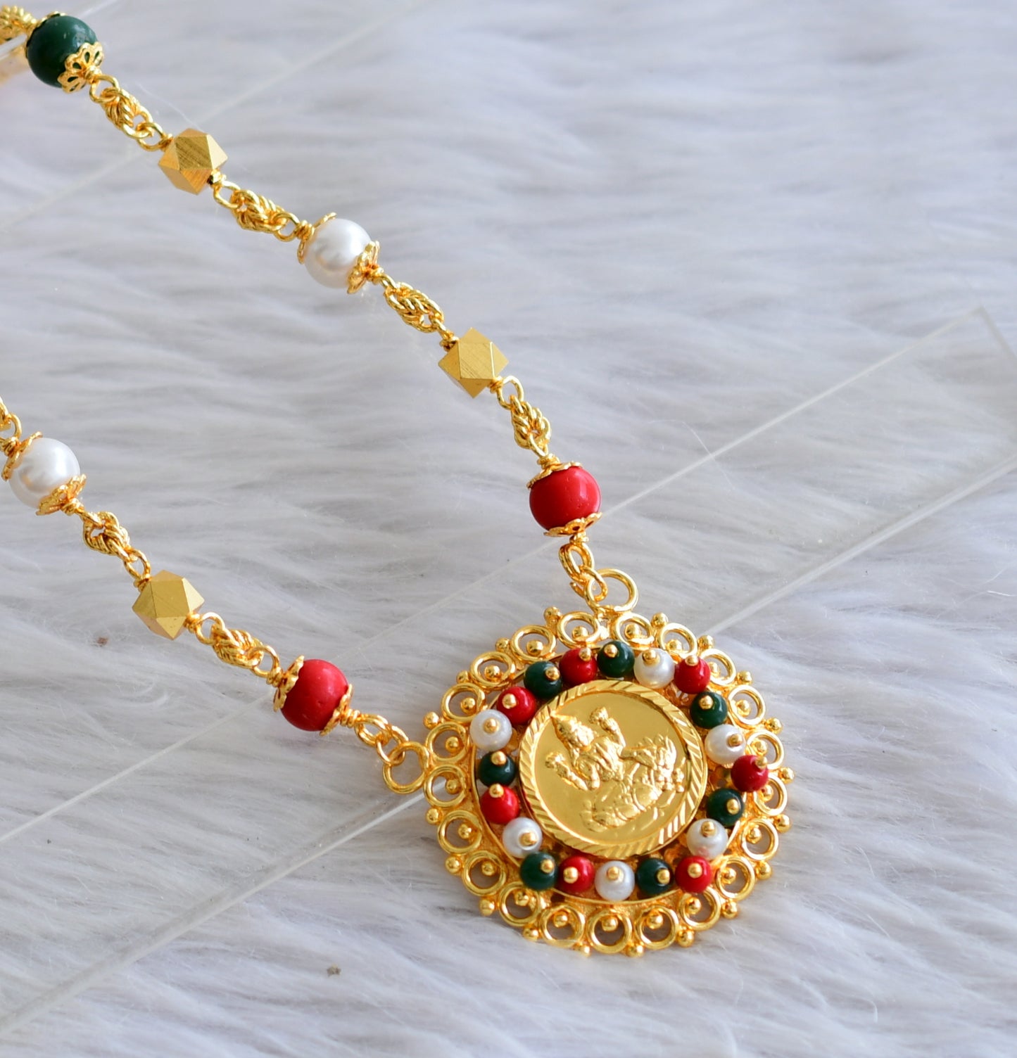 Gold tone 30 inches coral-pearl-green beaded chain with  lakshmi round  pendant dj-44891