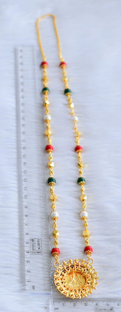 Gold tone 30 inches coral-pearl-green beaded chain with  lakshmi round  pendant dj-44891