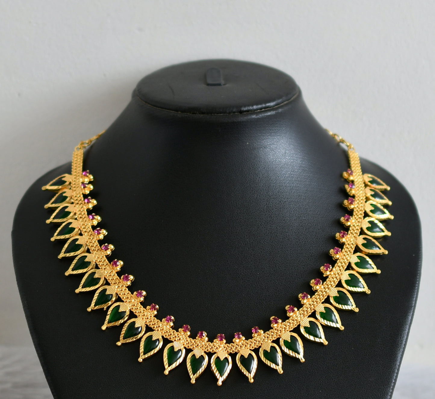 Gold tone kerala style pink-green gopi necklace dj-48312