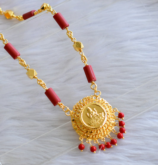Gold tone 30 inches coral beaded chain with lakshmi round pendant dj-44892