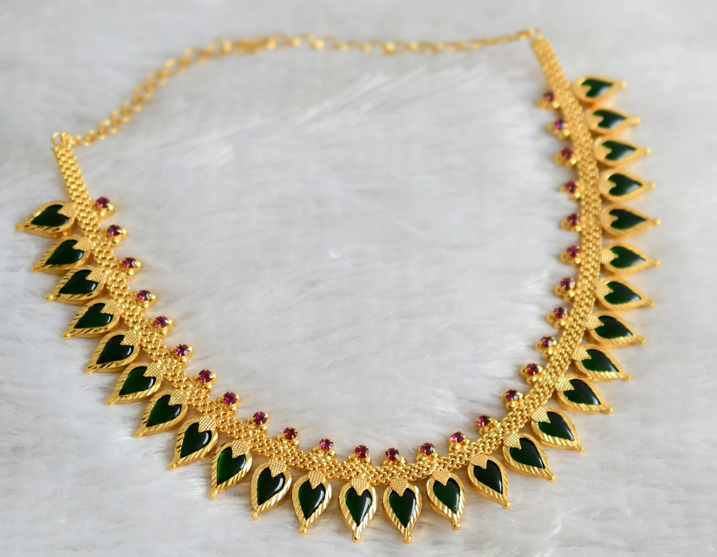 Gold tone kerala style pink-green gopi necklace dj-48312