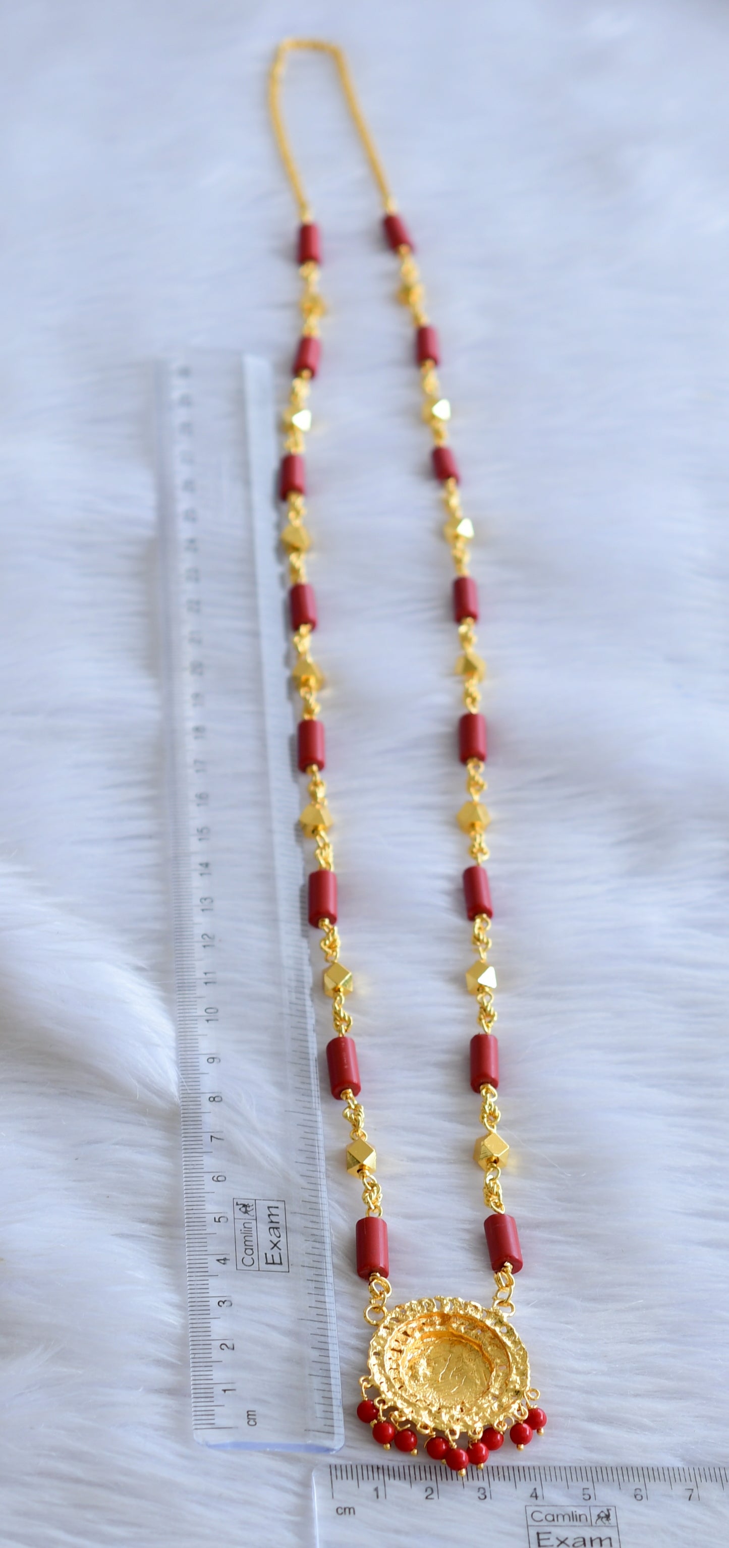 Gold tone 30 inches coral beaded chain with lakshmi round pendant dj-44892