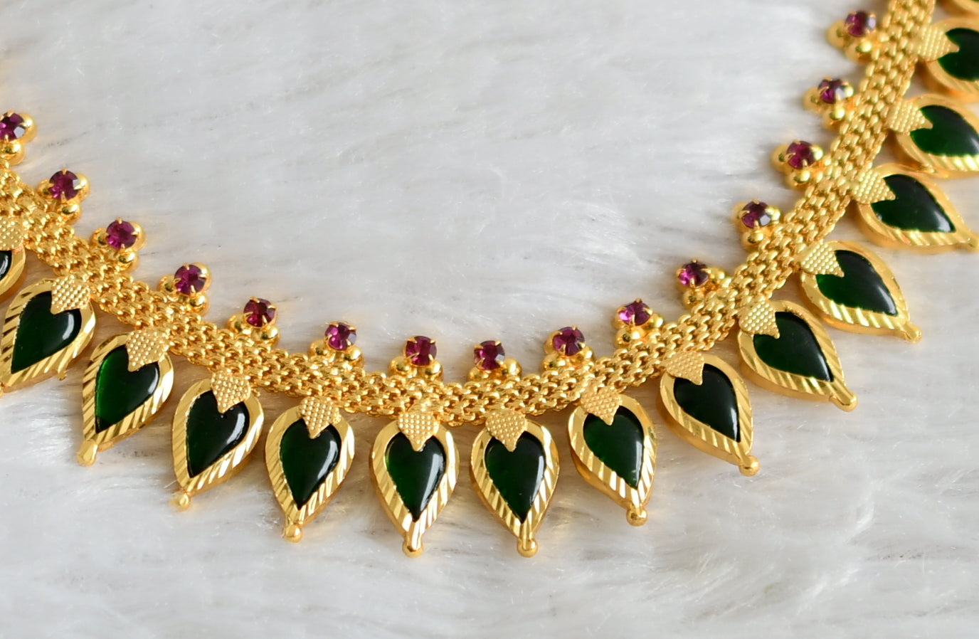 Gold tone kerala style pink-green gopi necklace dj-48312