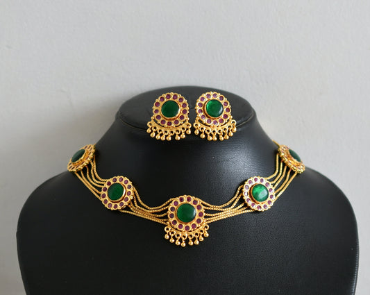 Gold tone kerala style ruby-green round choker necklace set dj-48308