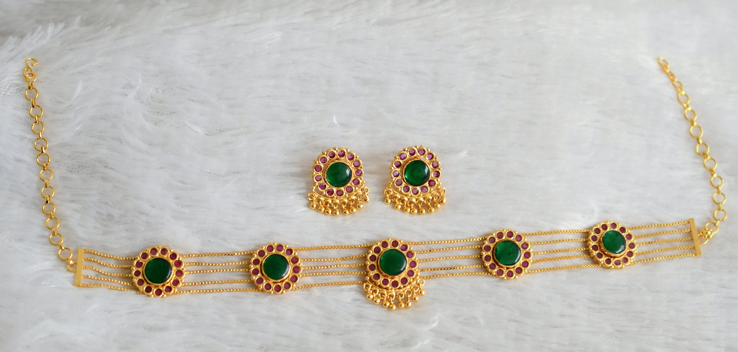 Gold tone kerala style ruby-green round choker necklace set dj-48308