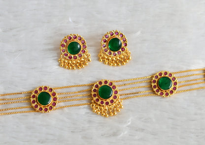 Gold tone kerala style ruby-green round choker necklace set dj-48308