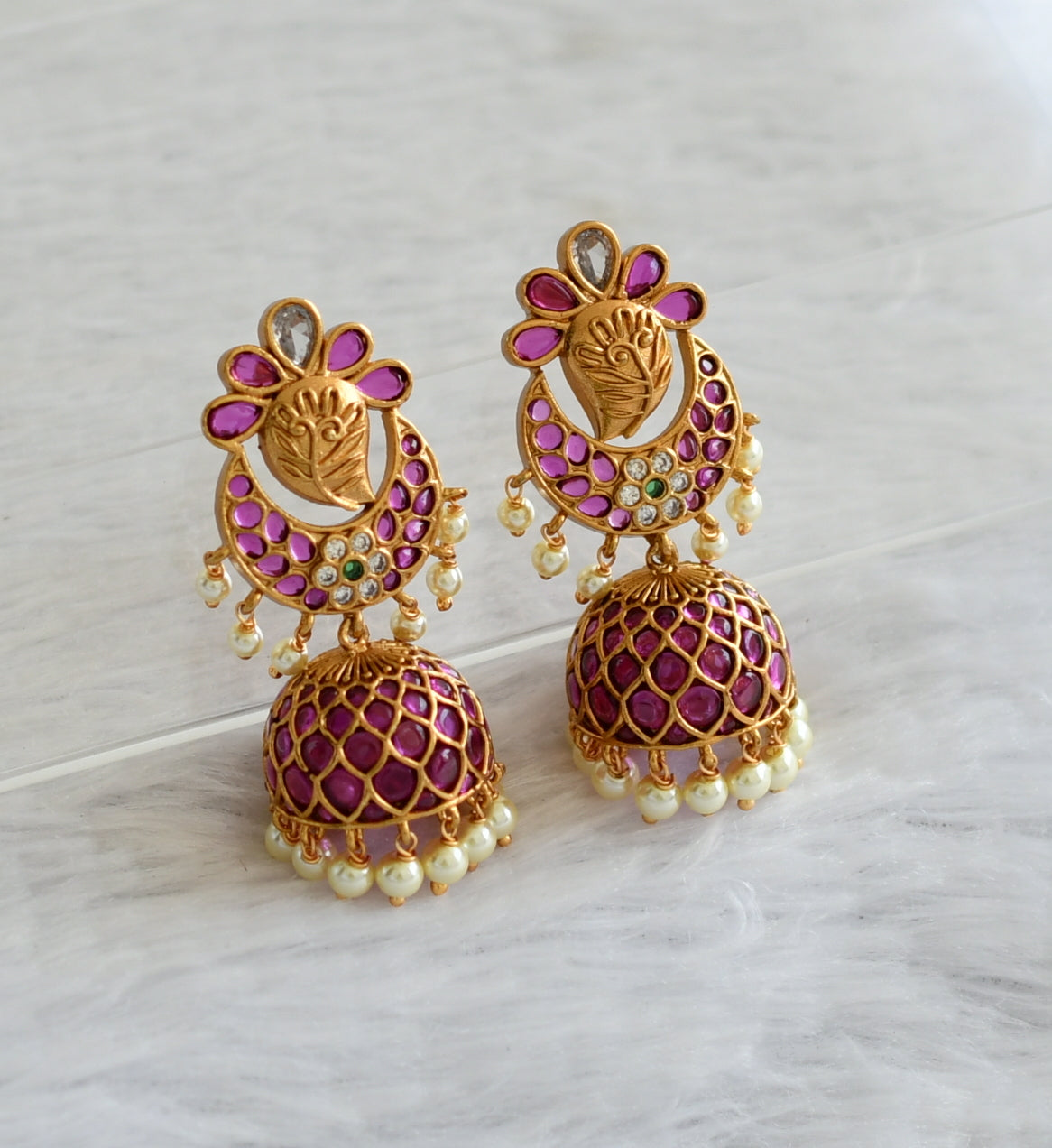 Matte finish kemp-green-white pearl moon flower jhumkka dj-46571