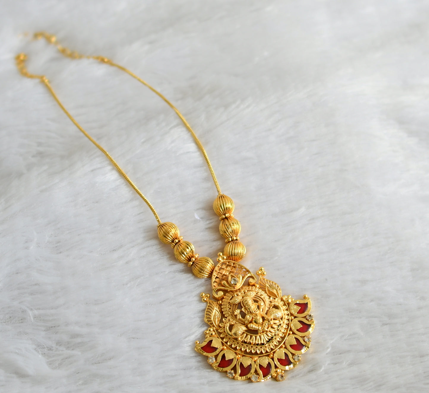 Gold tone kerala style red mango ganesha peacock necklace dj-48309