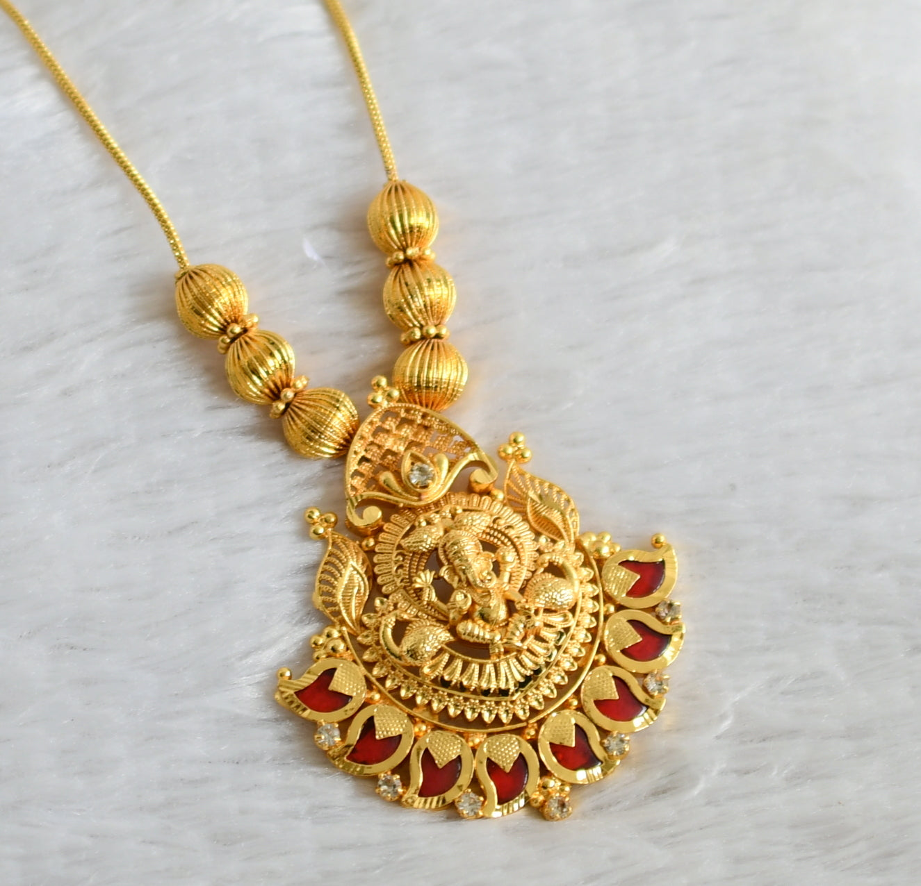 Gold tone kerala style red mango ganesha peacock necklace dj-48309