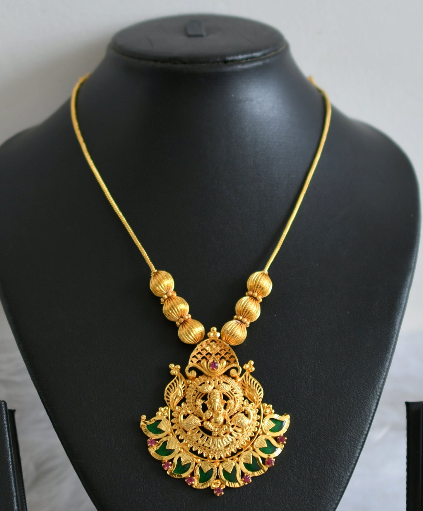 Gold tone kerala style pink-green mango ganesha peacock necklace dj-48310