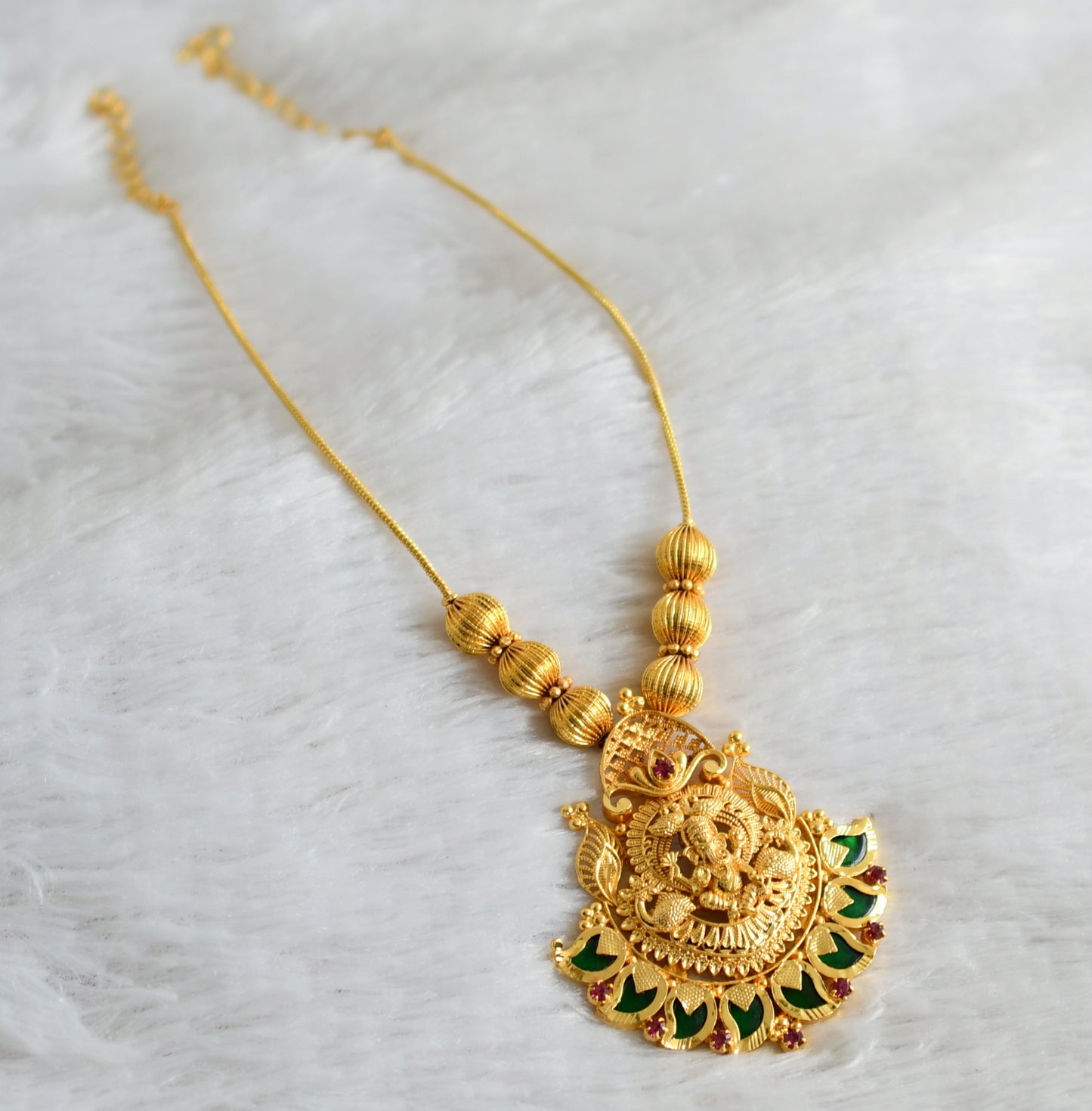 Gold tone kerala style pink-green mango ganesha peacock necklace dj-48310