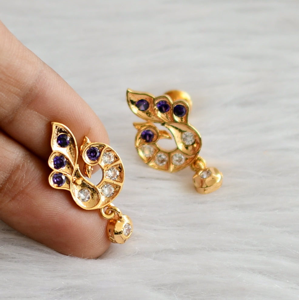 Gold tone ad purple- white peacock earrings dj-44909