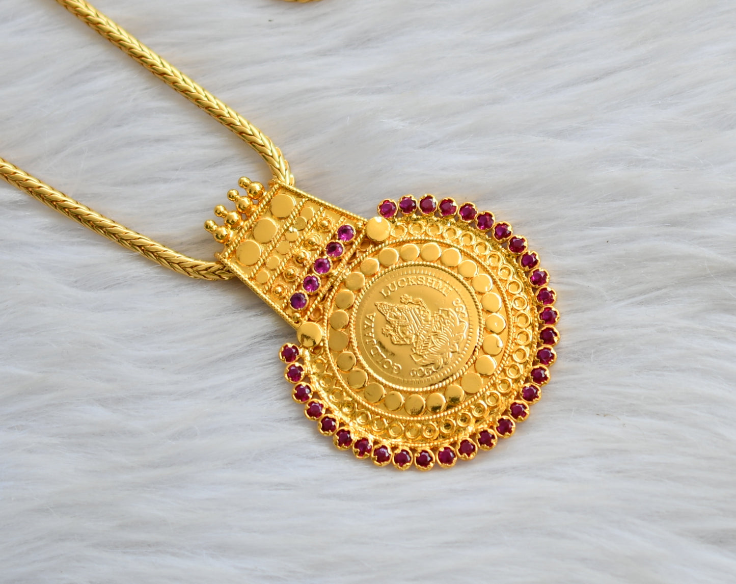 Gold tone ruby stone Kerala style Lakshmi pendant with mugappu chain dj-42077