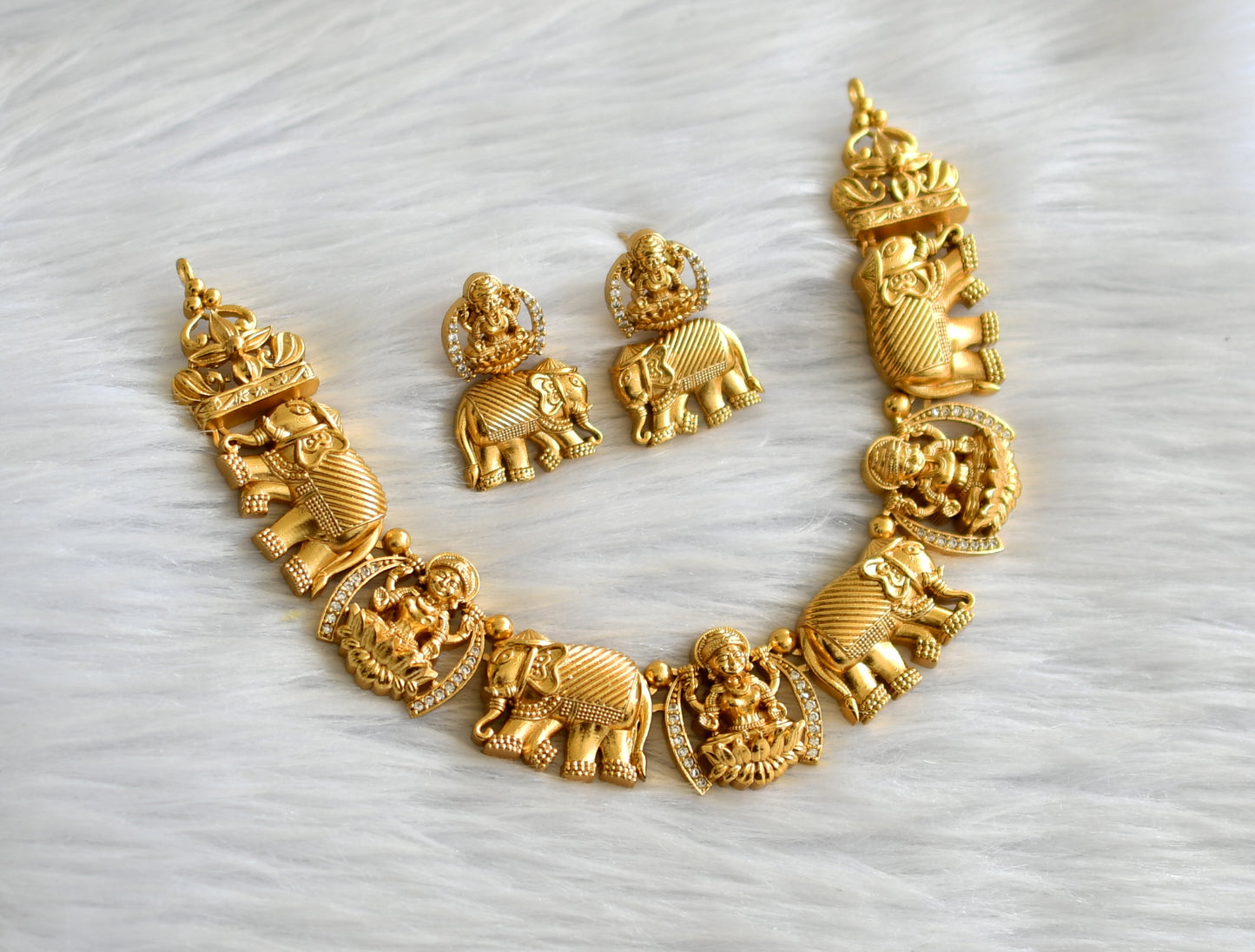 Matte finish cz white lakshmi elephant necklace set dj-43367