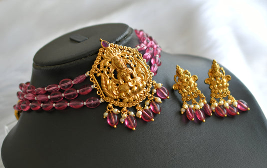 Matte finish pink beaded lakshmi choker necklace set dj-43370
