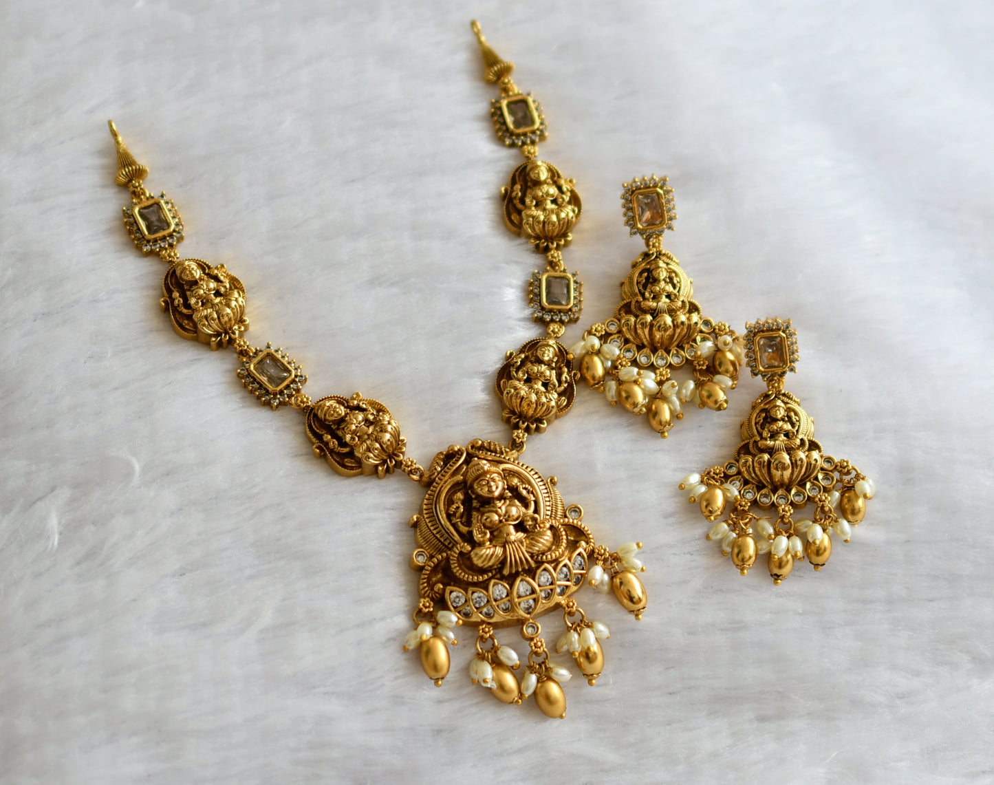 Antique gold tone cz white block stone lakshmi necklace set dj-46610