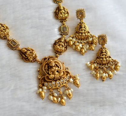 Antique gold tone cz white block stone lakshmi necklace set dj-46610