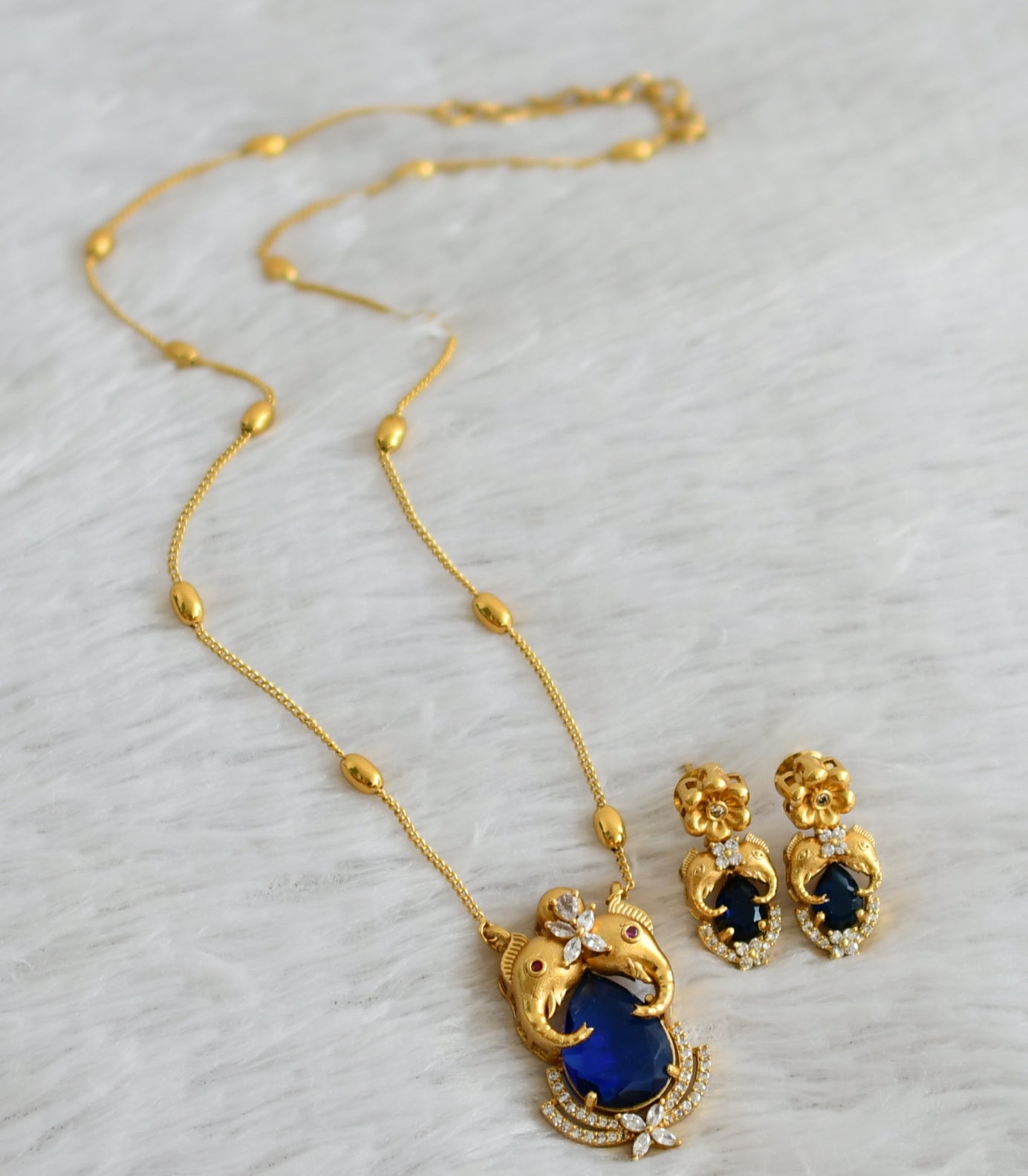 Matte finish cz-blue stone elephant necklace set dj-48325