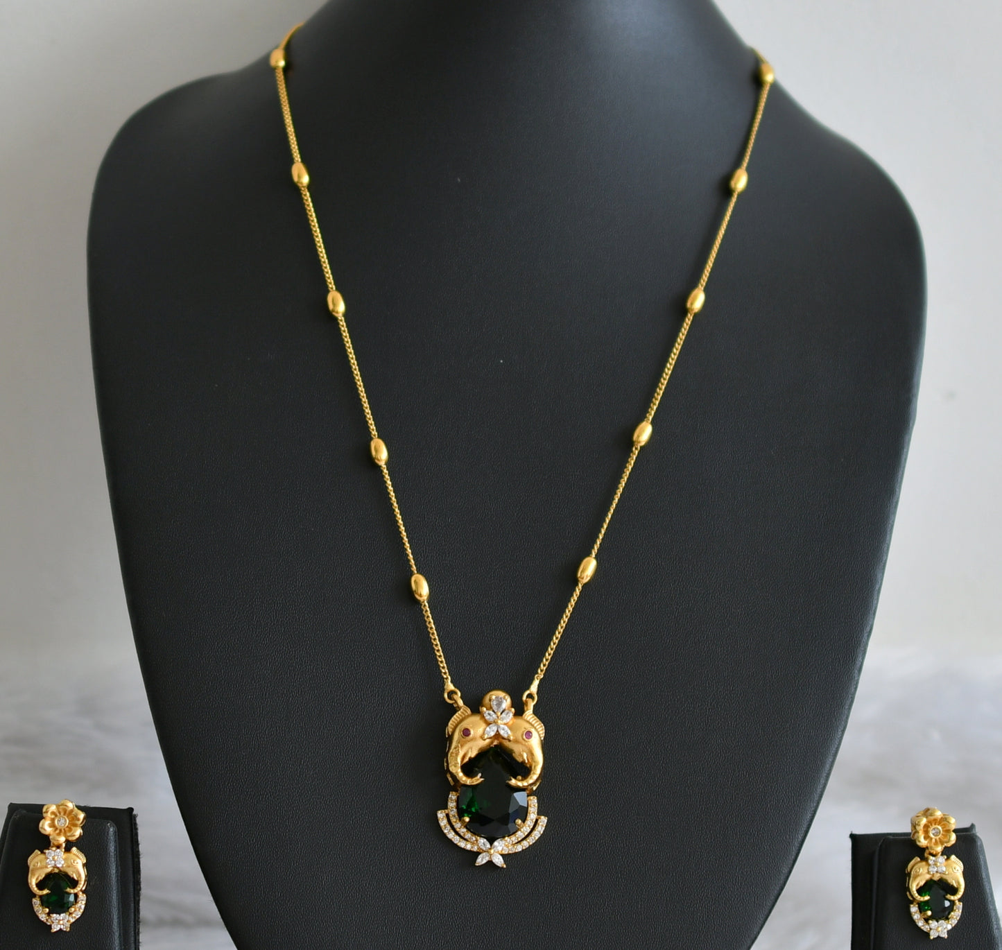 Matte finish cz-green stone elephant necklace set dj-48327