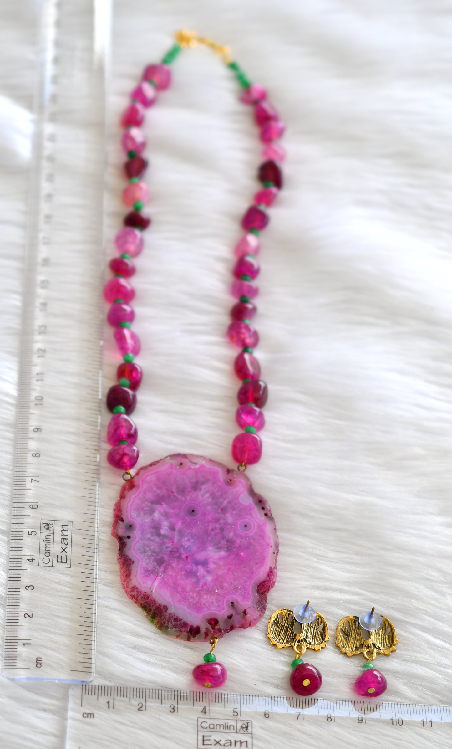 Hand painted peacock sliced agate pendant with pink onyx beads necklace set dj-43386