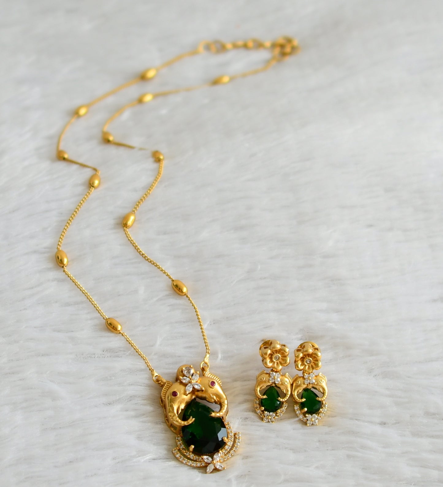 Matte finish cz-green stone elephant necklace set dj-48327