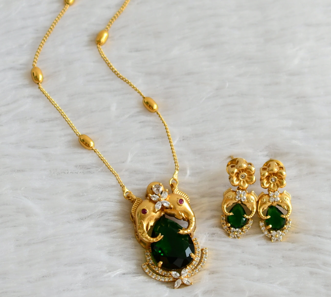 Matte finish cz-green stone elephant necklace set dj-48327