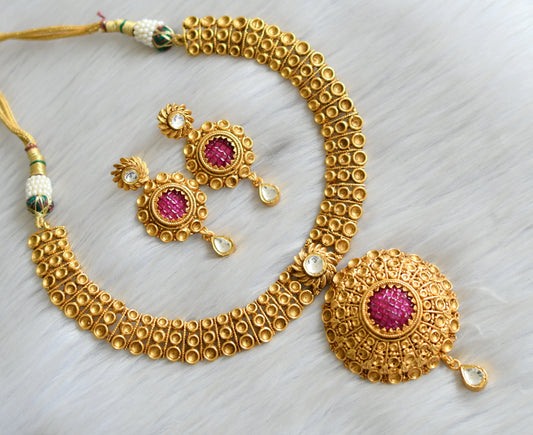 Gold tone kundan ruby necklace with screw back earrings dj-15094