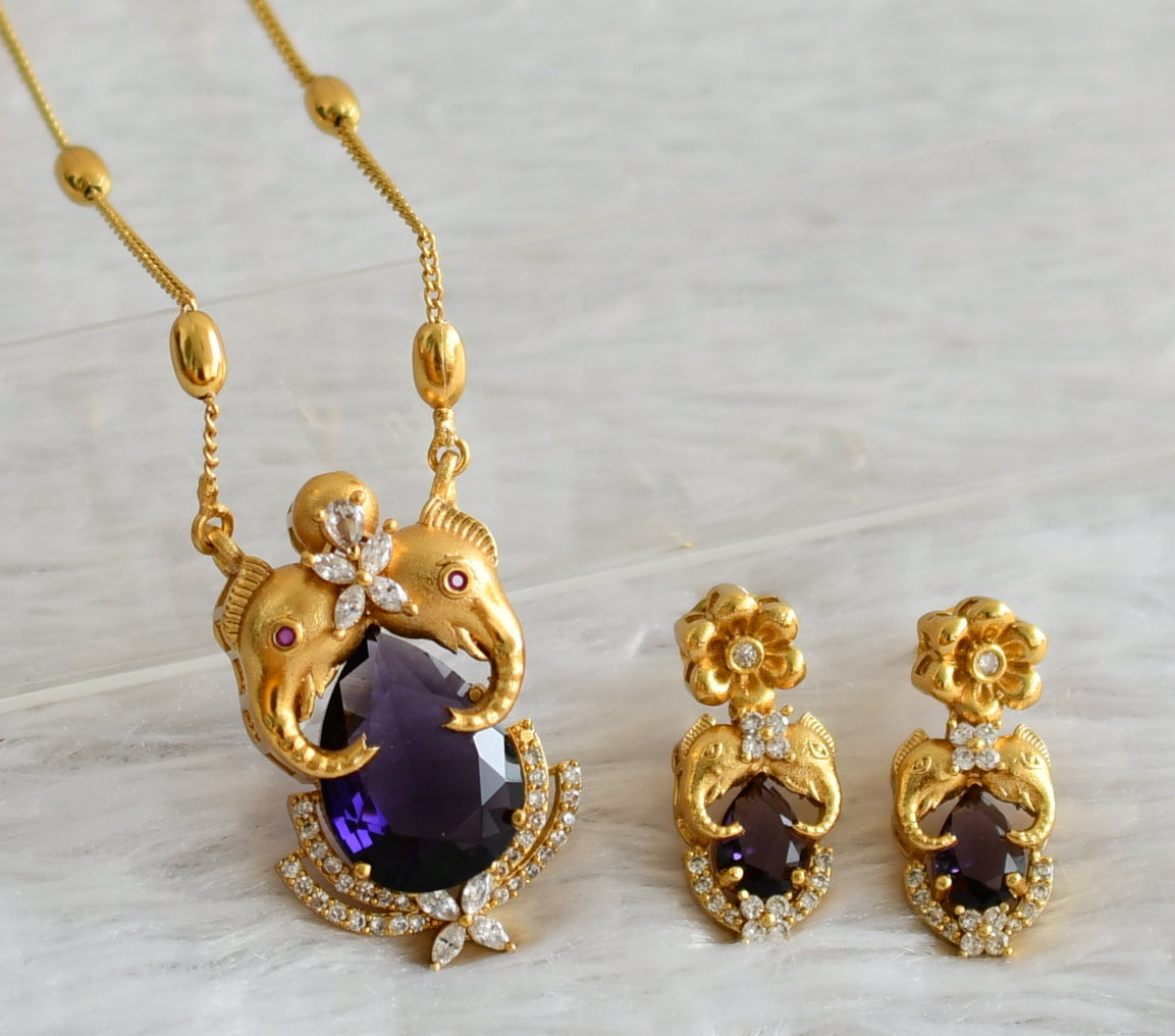 Matte finish cz-purple stone elephant necklace set dj-48328