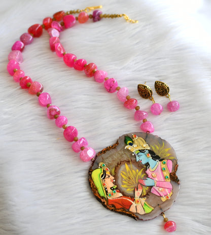 Hand painted radha-krishna sliced agate pendant with pink onyx beads necklace set dj-43380