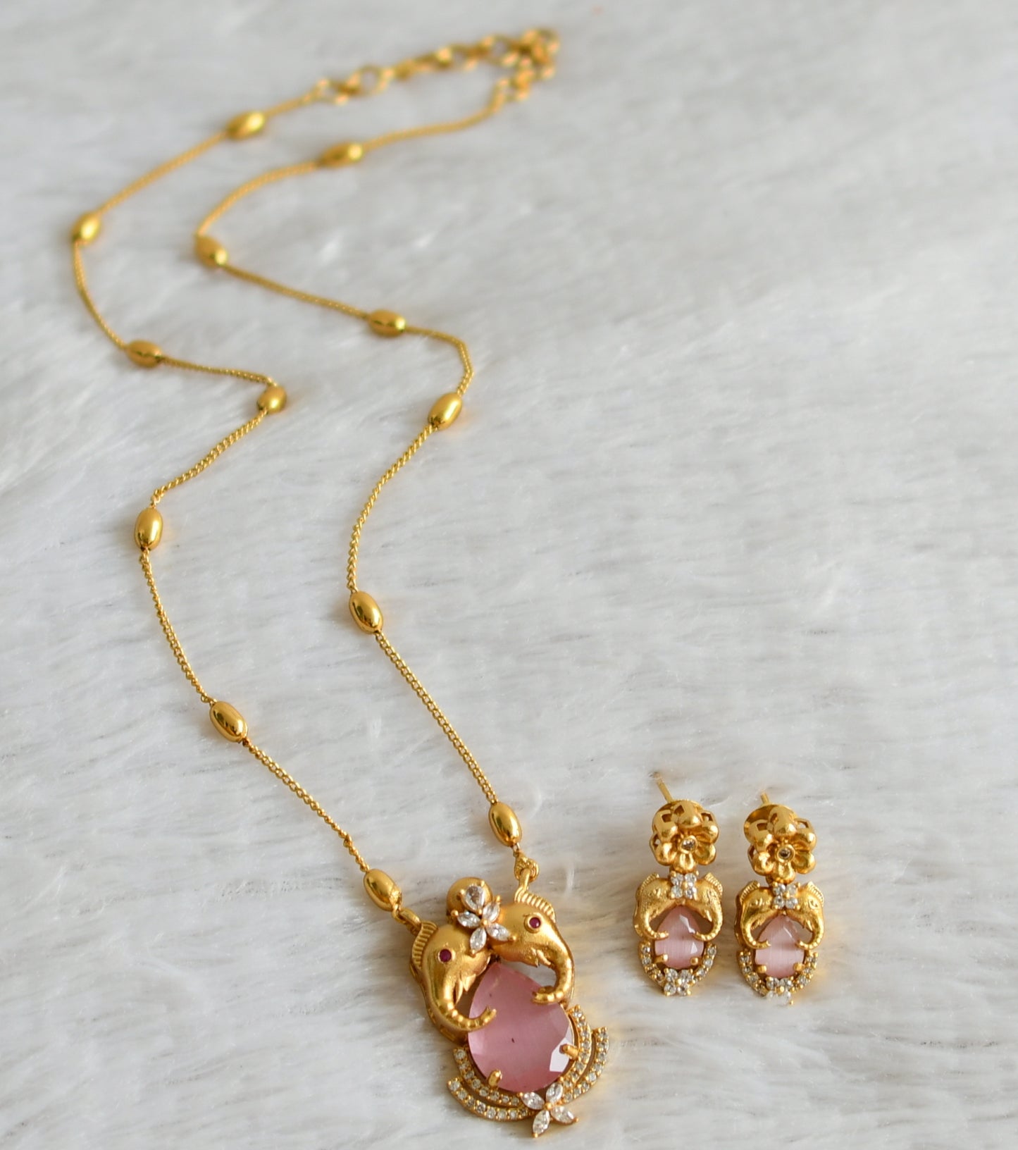 Matte finish cz-baby pink stone elephant necklace set dj-48326