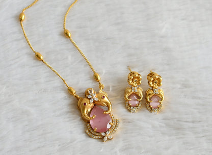 Matte finish cz-baby pink stone elephant necklace set dj-48326