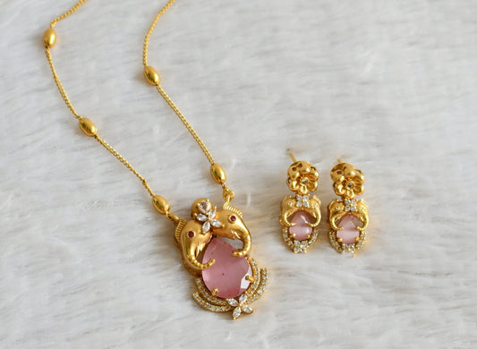 Matte finish cz-baby pink stone elephant necklace set dj-48326