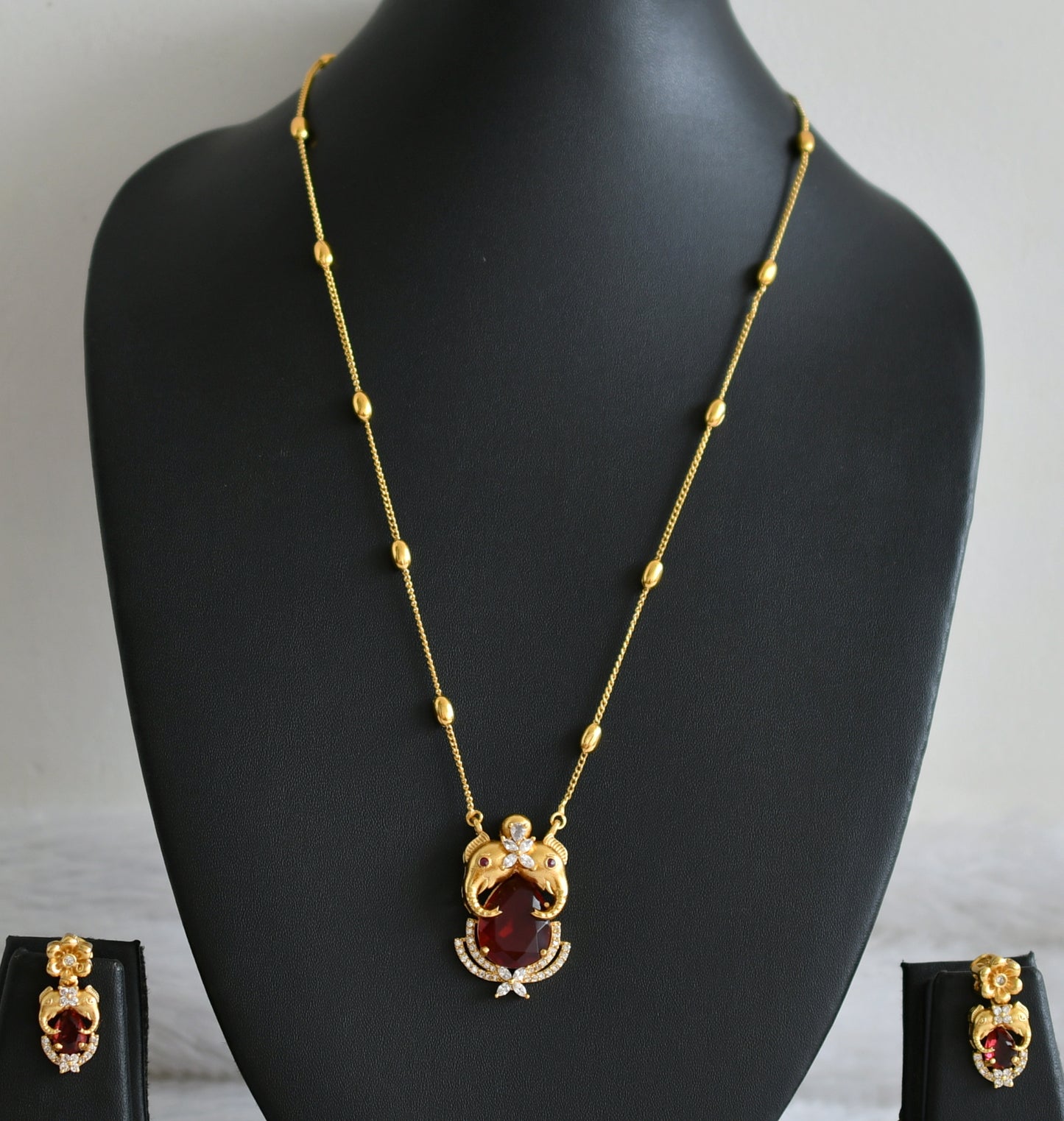 Gold tone cz red stone elephant necklace set dj-48323