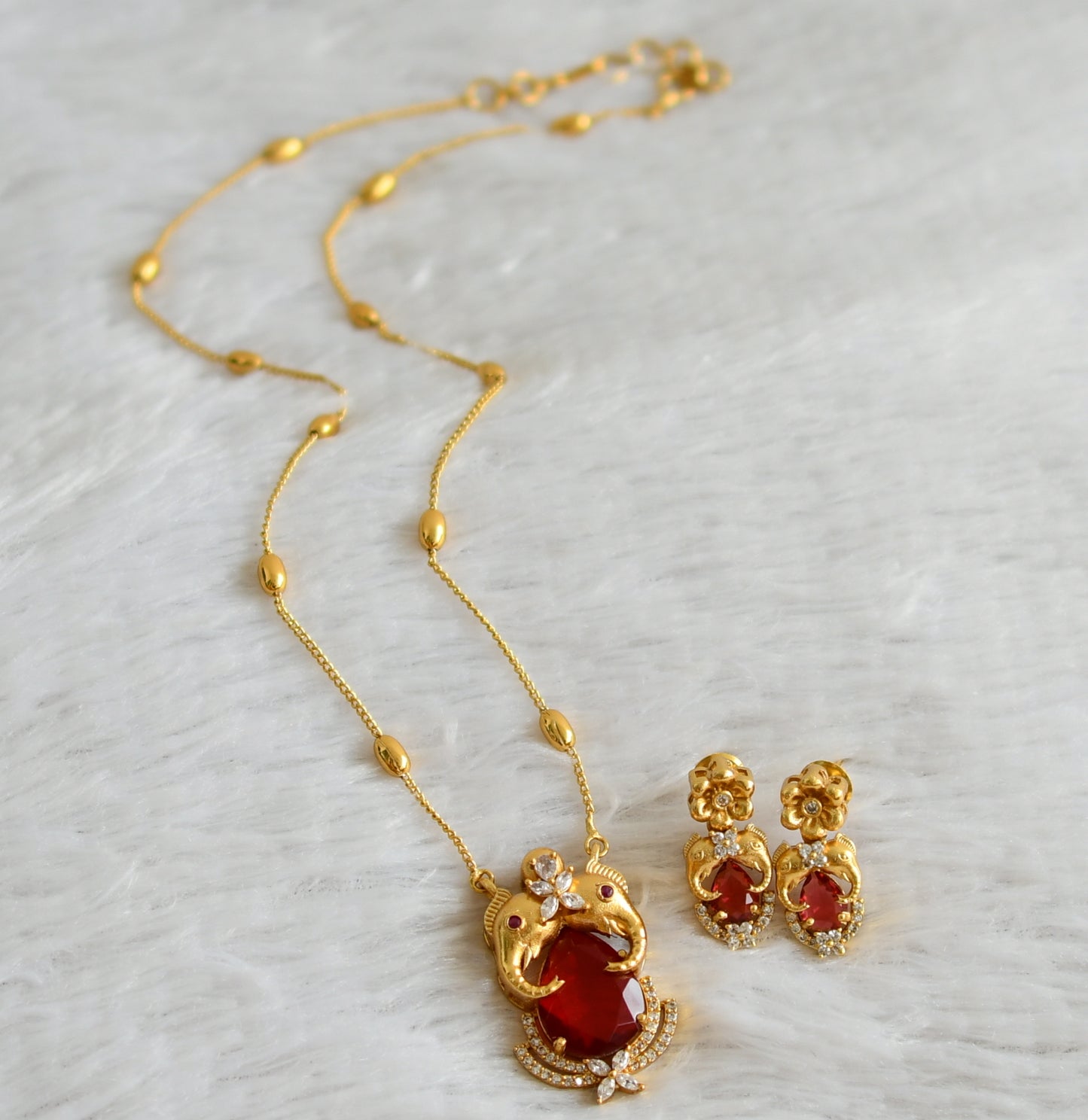 Gold tone cz red stone elephant necklace set dj-48323