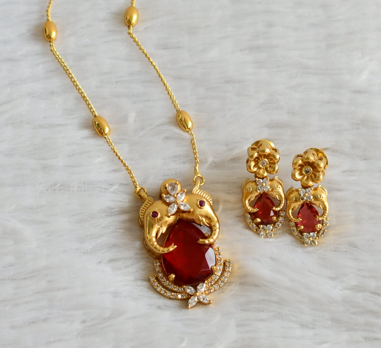 Gold tone cz red stone elephant necklace set dj-48323